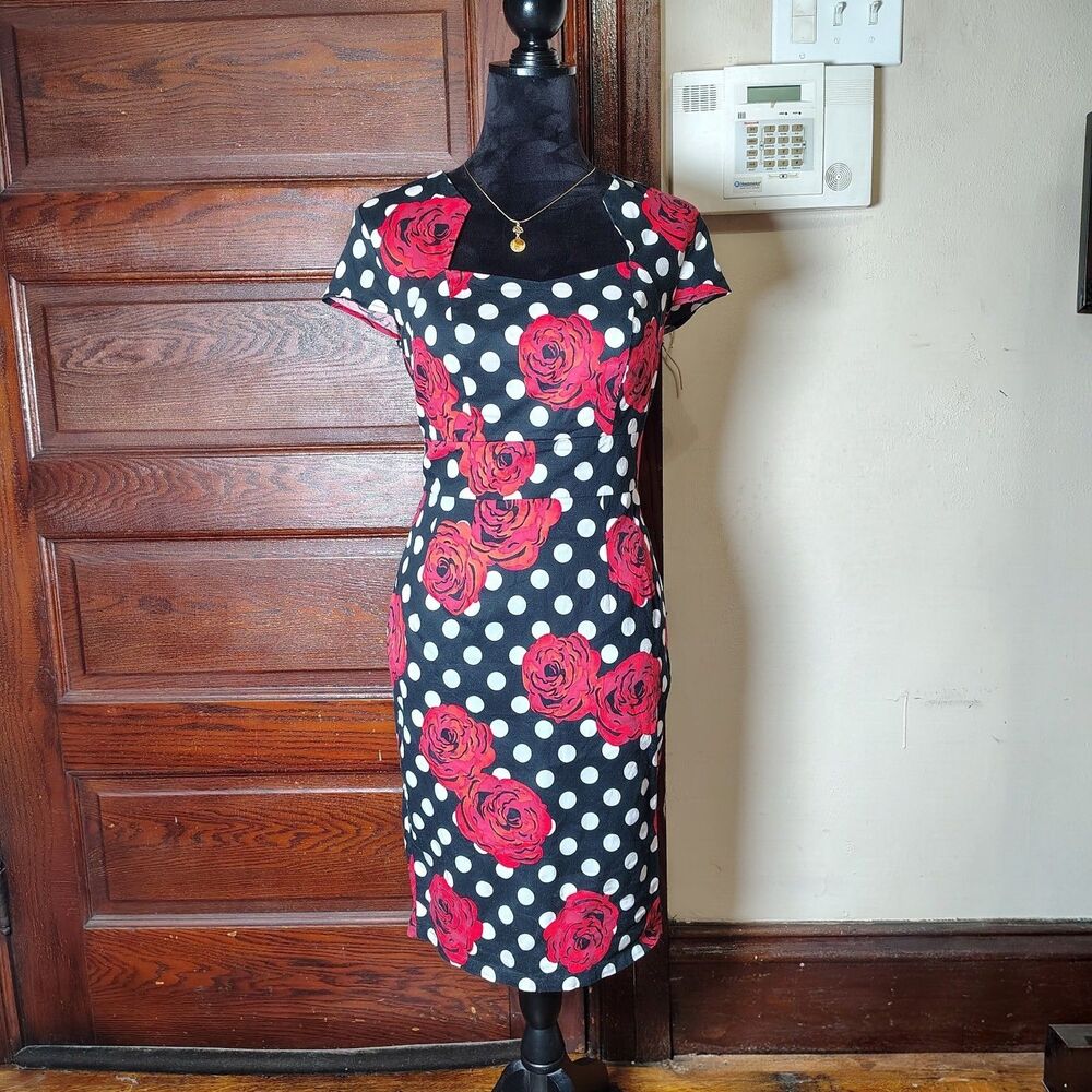 Retro Inspired Floral Polka Dotted Pin Up Style Bodycon Pencil Dress/T646